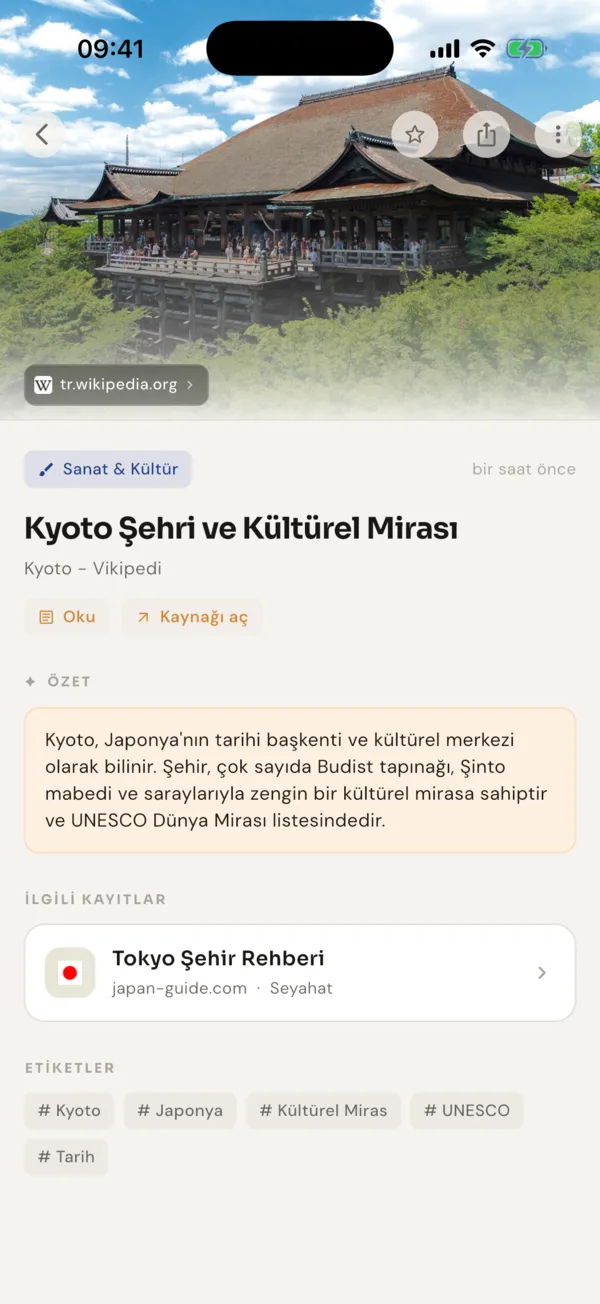Kyoto kaydının detayında, ilgili kayıt olarak Tokyo şehir rehberinin göründüğü ekran